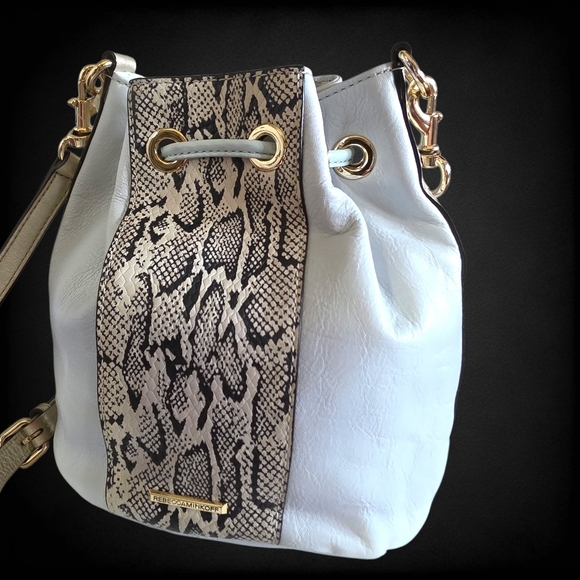 Rebecca Minkoff Mini Bucket Bag Snake Embossed Leather Crossbody Designer Drawst - Picture 13 of 15